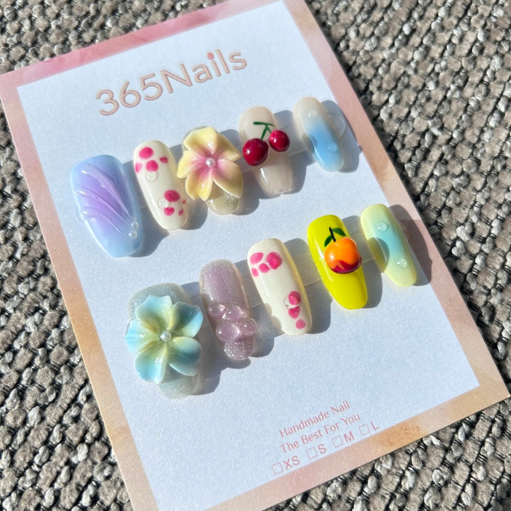 Sculpted Flora: "Summer Picnic Mix" – 3D Fruit (Cherry/Peach), Pastel Flowers & Grape Jelly Graffiti Nails