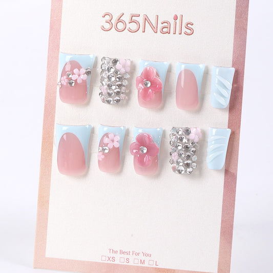 365nails icy-blue French with jelly blossom and rhinestones press-ons