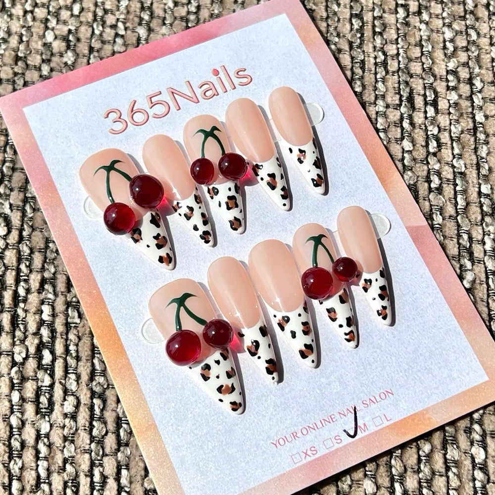 365nails: "Cherry Leopard French" – 3D Cherry Handmade Stiletto Nails