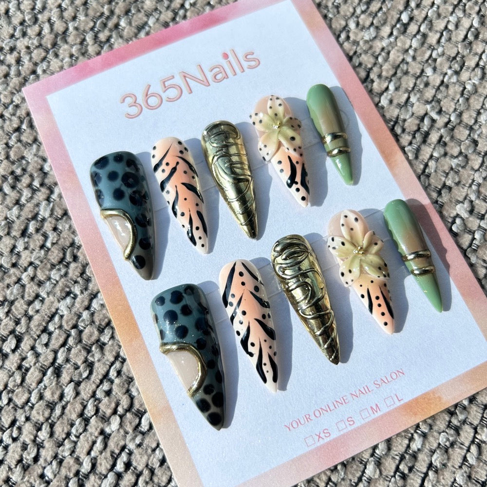 Sculpted Flora: "Tribal Jungle Safari" – 3D Flower & Animal Print with Antique Gold Chrome Stiletto Nails
