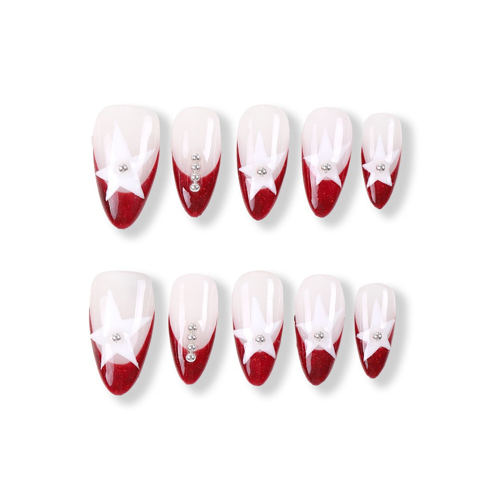 365Nails Red White French Star Press-On Nails Jelly Wine-Red Stiletto with Stud Accents Party-Ready