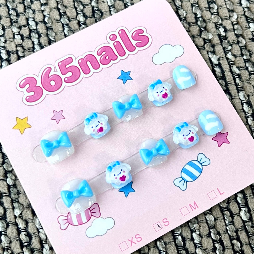 365nails: "Blueberry Bow Dream" – 3D Bow & Character Handmade Short Square Nails