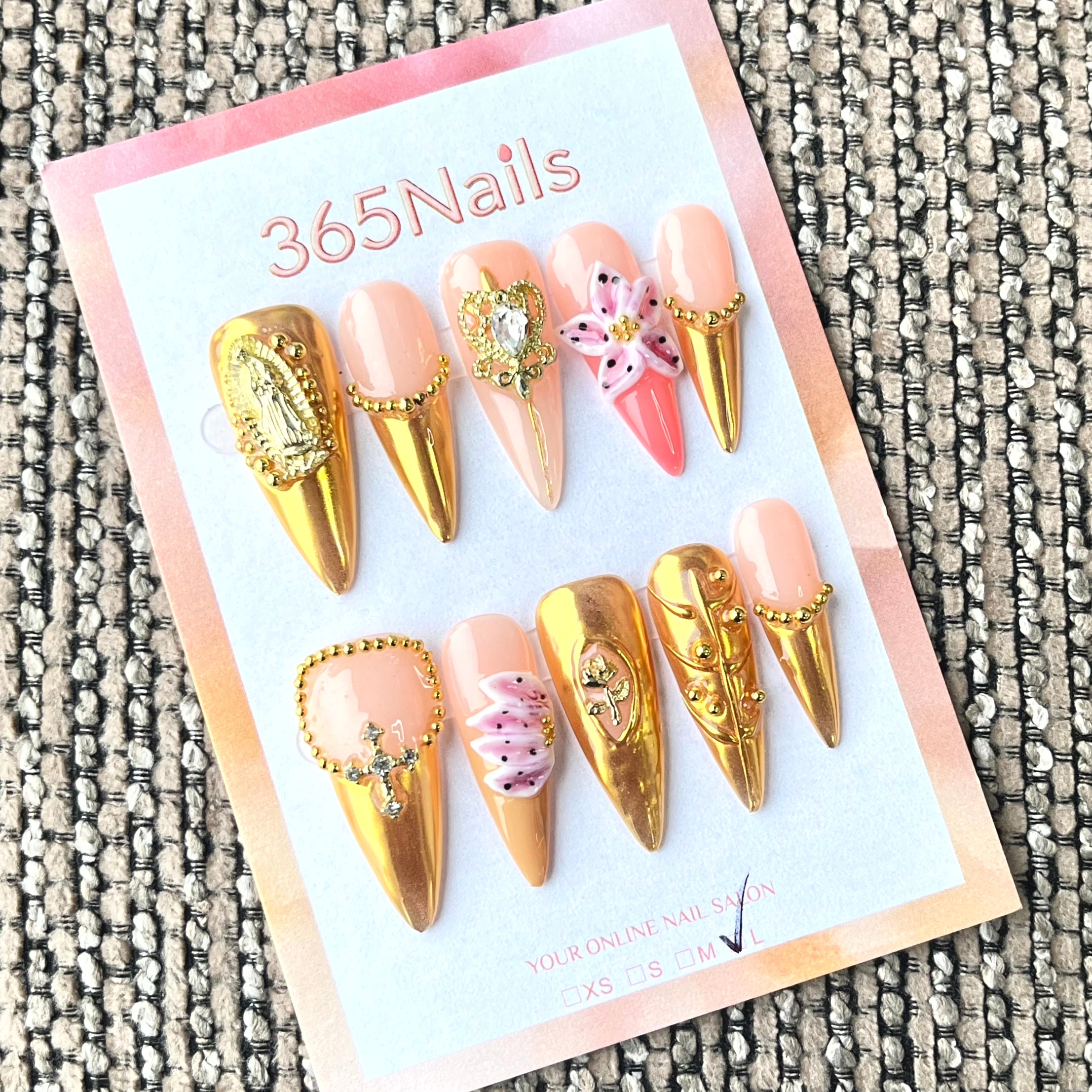 365nails: "왕실의 화려함" – 3D 골드 & 크리스탈 수제 스틸레토형 프레스온 네일