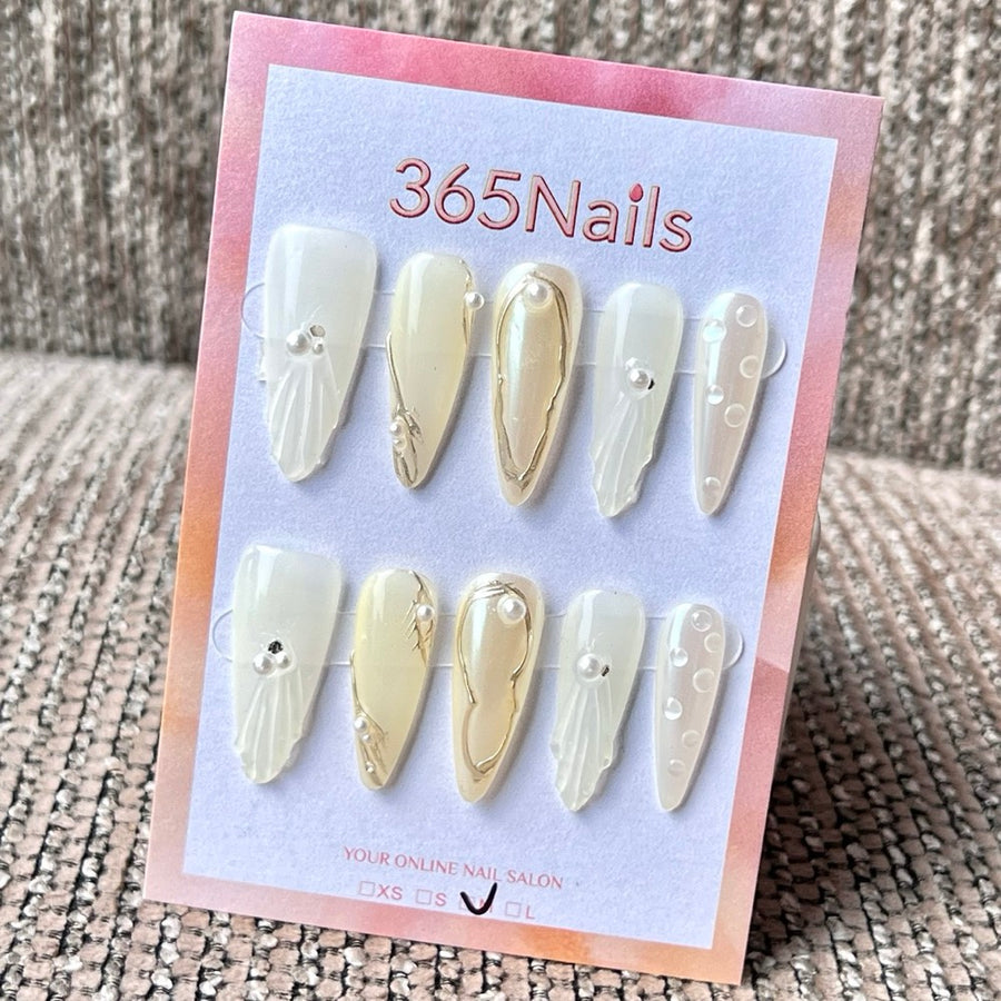 365nails: 우아한 화이트 골드 진주 쉘 수제 미디엄 스틸레토형 프레스온 네일