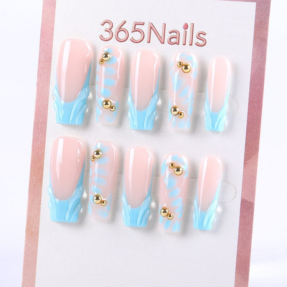Nude and Blue Wave Press-On Nails with Gold Bead Accents