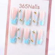 Nude and Blue Wave Press-On Nails with Gold Bead Accents ( MOQ=5pcs )