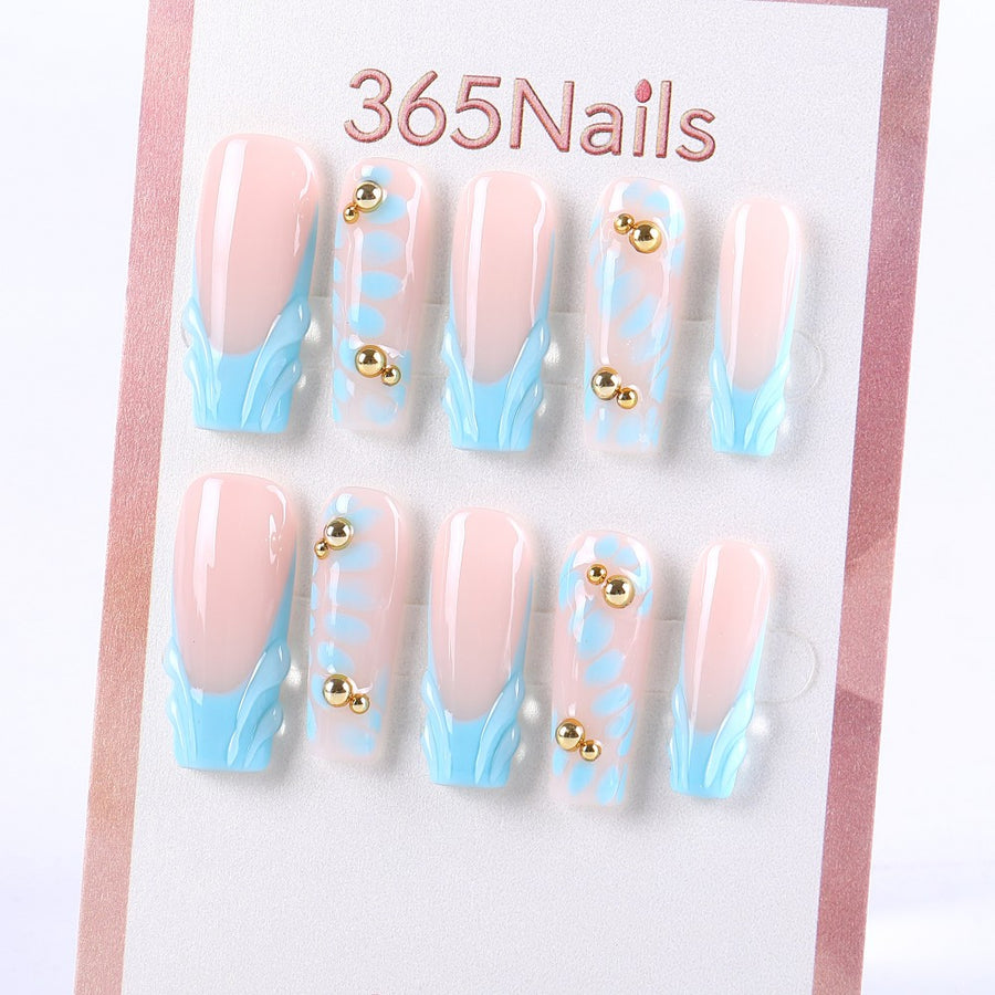 Nude and Blue Wave Press-On Nails with Gold Bead Accents ( MOQ=5pcs )