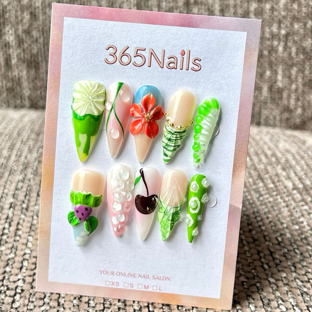 365nails: "Lush Garden Cherry" – 3D Floral & Fruit Handmade Long Stiletto Press On Nails
