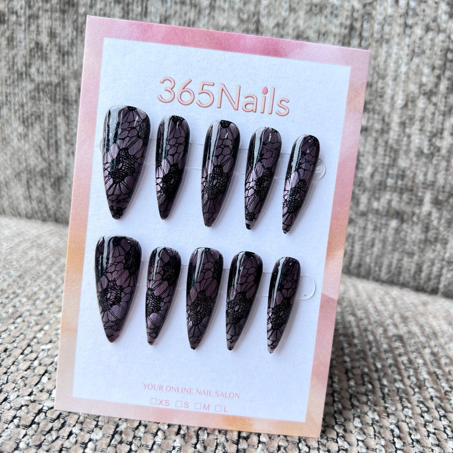 Cosmic Fatale: "Plum Lace Veil" – Long Sharp Stiletto Handmade Press On Nails