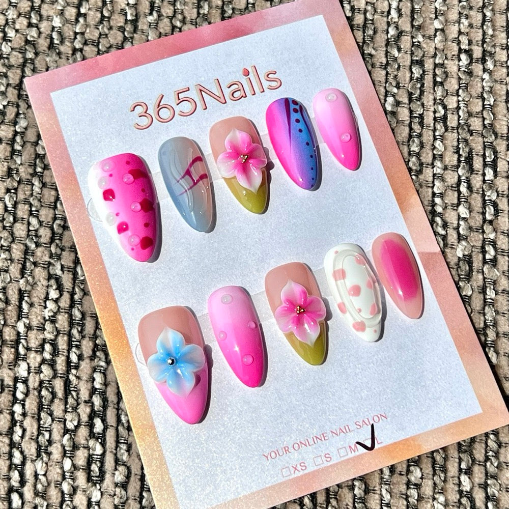 365nails 핑크 블루 플라워 버블 믹스 수제 미디엄 스틸레토형 프레스온 네일