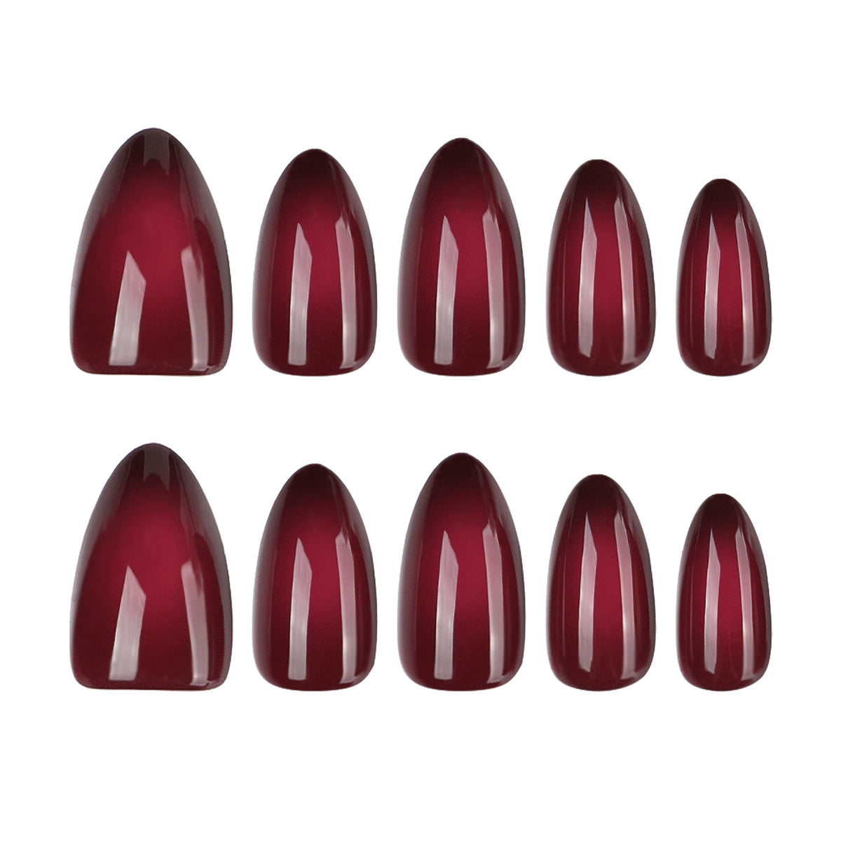 Ten glossy deep red press-on nails displayed in two size rows