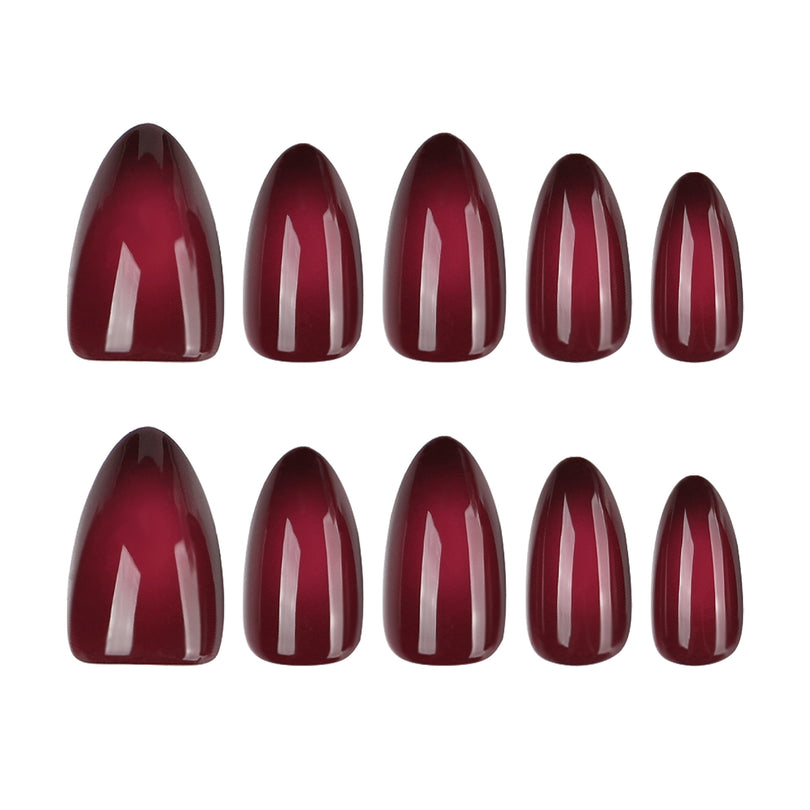 Ten glossy deep red press-on nails displayed in two size rows