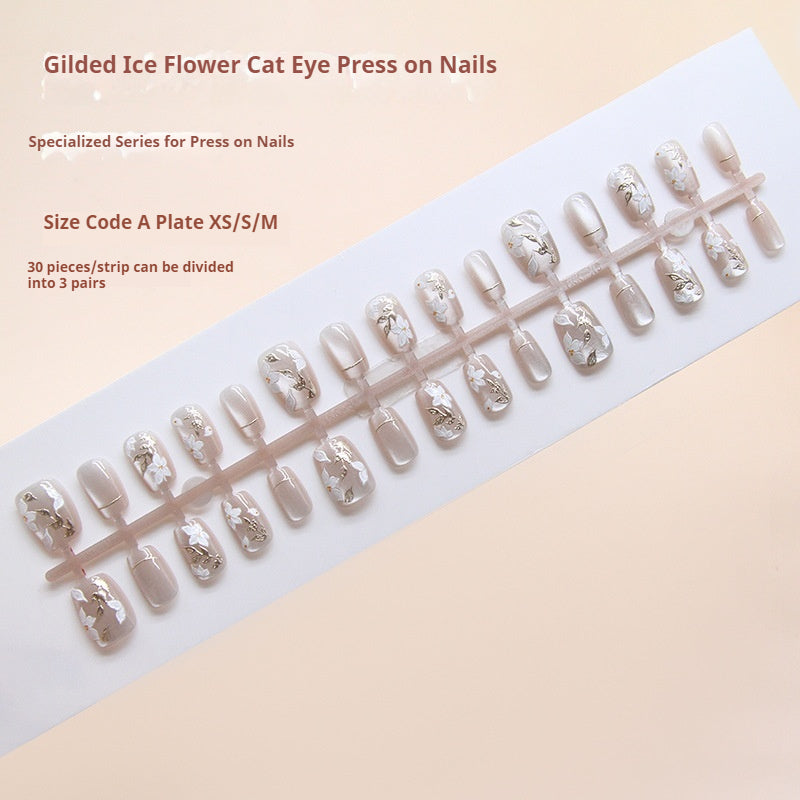 Nail Tips  prefabricated nail three-dimensional gilt leaves white flowers cat eye retro white press on nails 30 pieces｜365nails