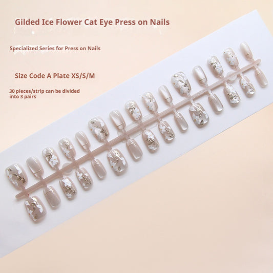 Nail Tips  prefabricated nail three-dimensional gilt leaves white flowers cat eye retro white press on nails 30 pieces｜365nails