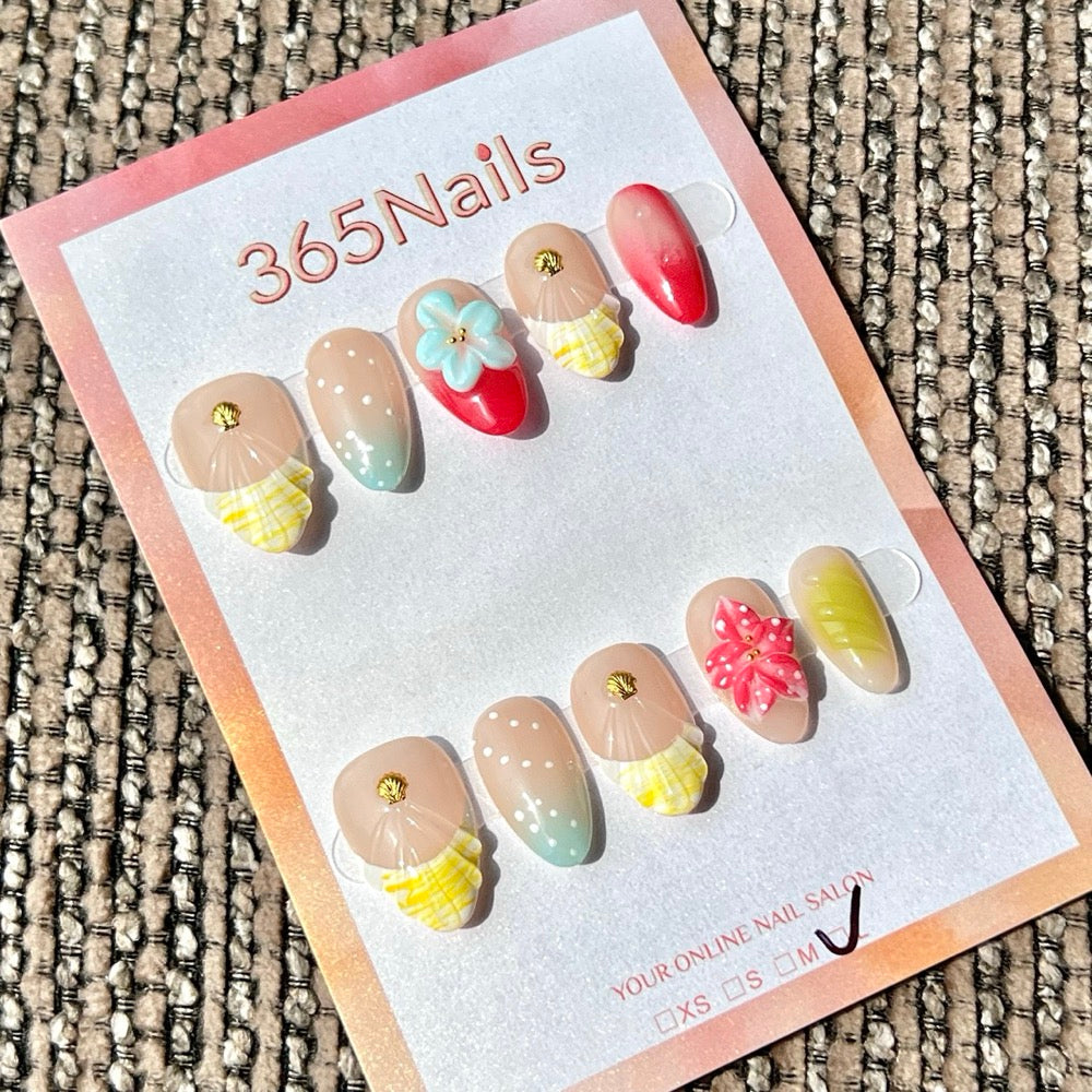 365nails: "Nude Yellow Shell Flower Mix" – Handmade Short Almond Press-On Nails
