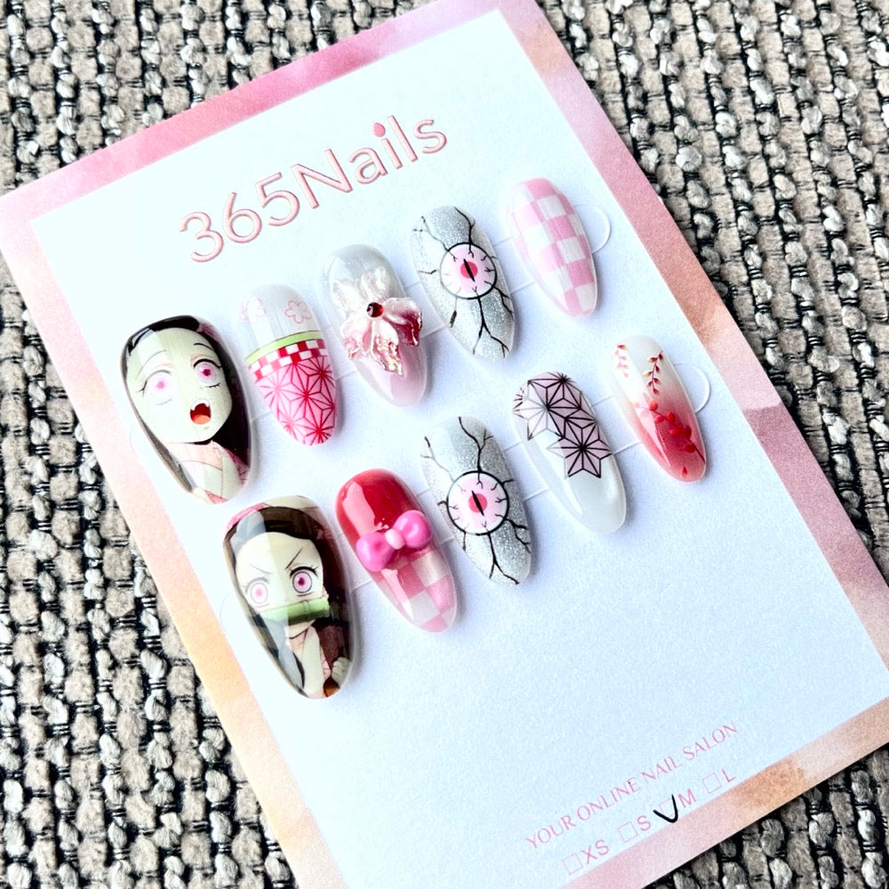 365nails: "Demon Slayer Nezuko" – Handmade Short Almond Press-On Nails