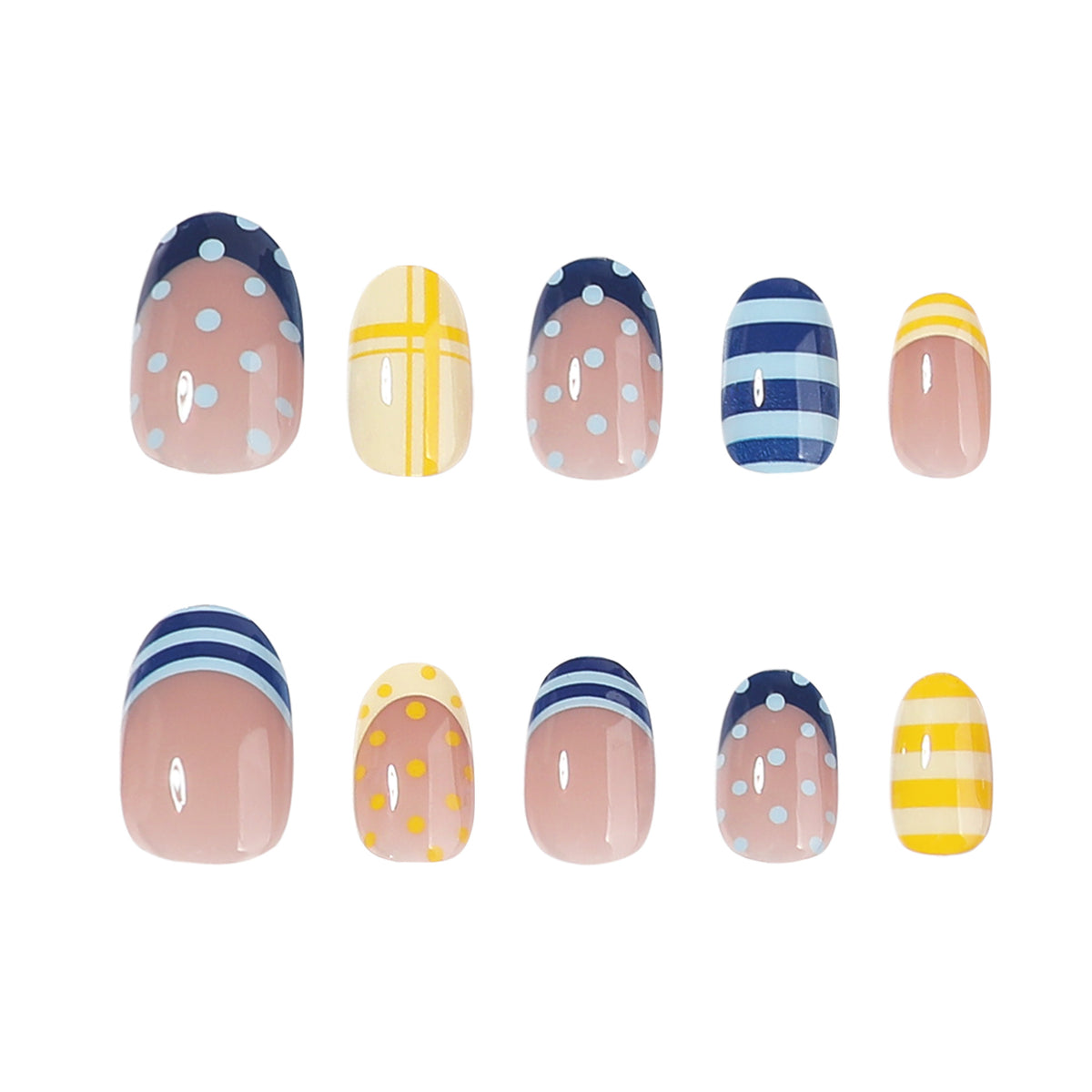 Two rows of oval press-on nails with polka dot, stripe and cross patterns