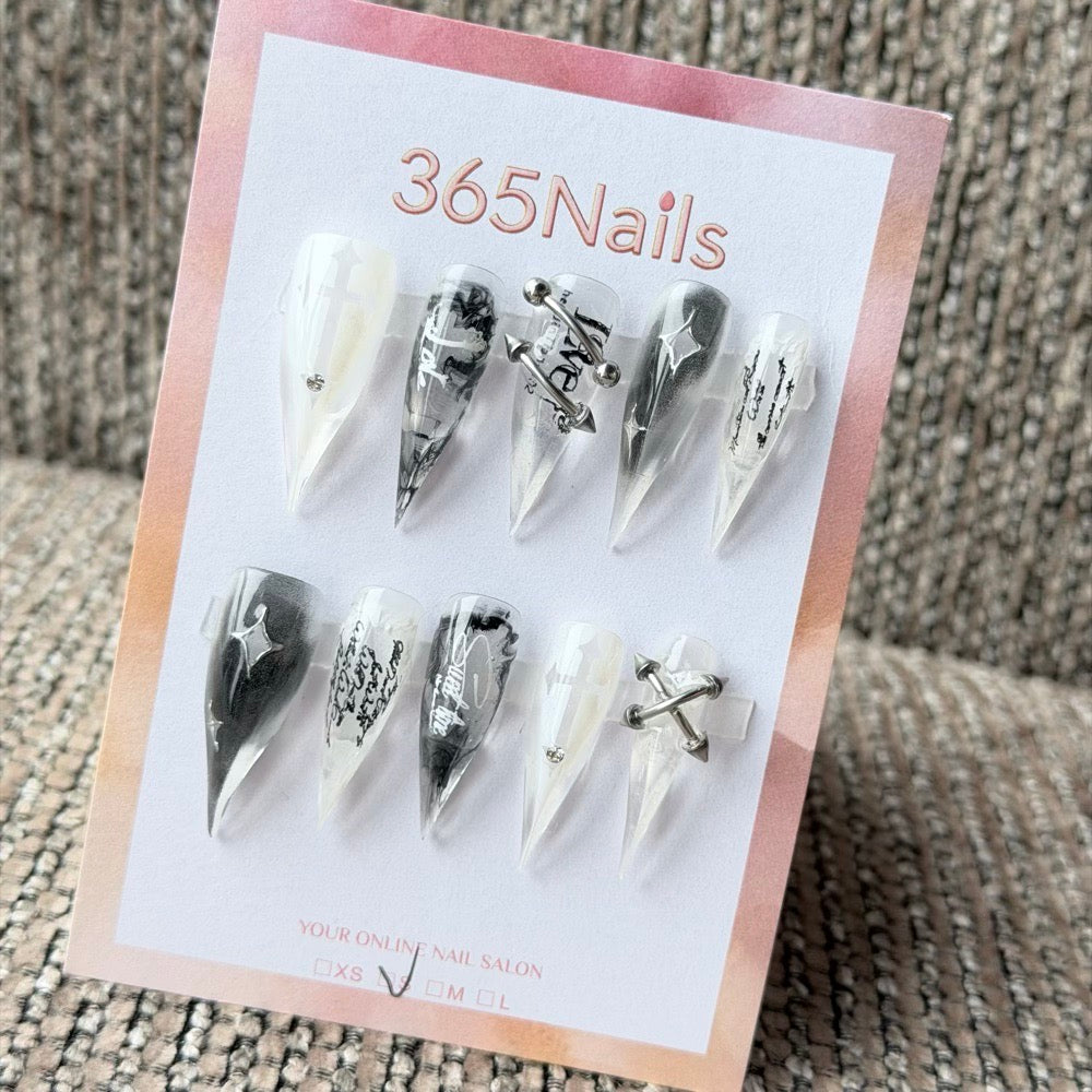 365nails: "Smoke Script Piercing Cross Star" – Metal Piercing Charm Handmade Long Stiletto Nails