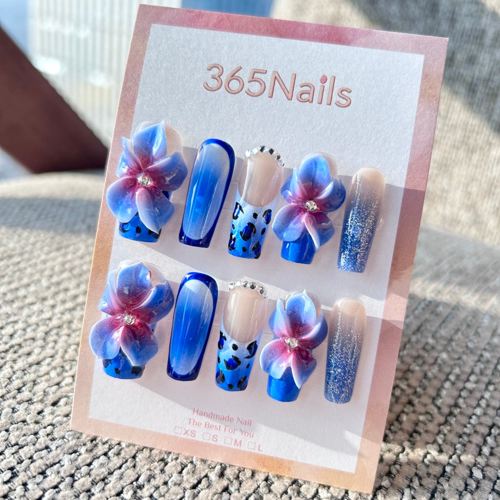 Sculpted Flora: "Electric Blue Leopard & Orchid" – 3D Gradient Flowers on Royal Blue Aura & Leopard Print Coffin Nails