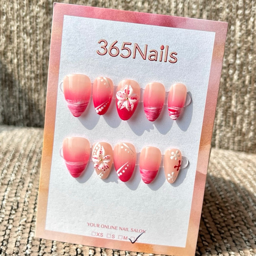 365nails: "Nude Pink Flower Wave Short" – Handmade Short Almond Press-On Nails