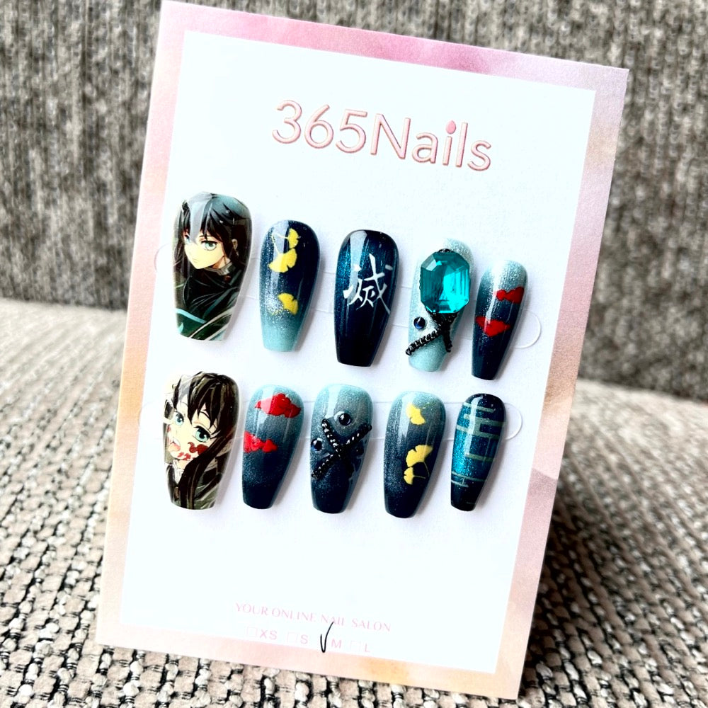 365nails: "Demon Slayer Mitsuri Kanroji" – Unhas Postiças Artesanais Formato Trapézio Curto