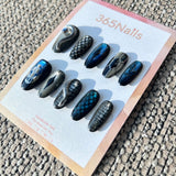 The Gilded Serpent: "Midnight Viper" – Dark Navy Blue & Silver Metallic 3D Snake Scale Handmade Press-On Nails