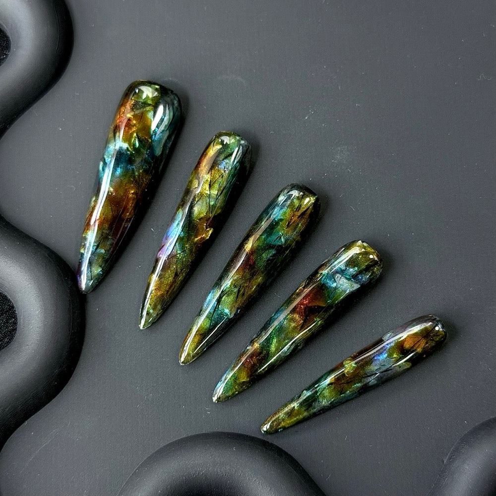 Handmade Long Stiletto Press-On Nails with Green and Brown Glass Design