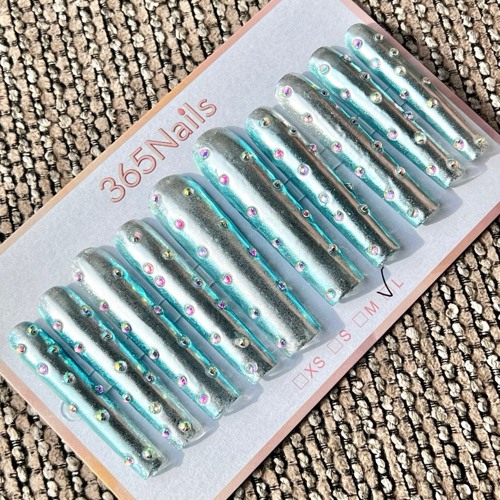 365nails: "Blue Silver Rhinestone Long" – Handmade Long Trapezoid Press-On Nails