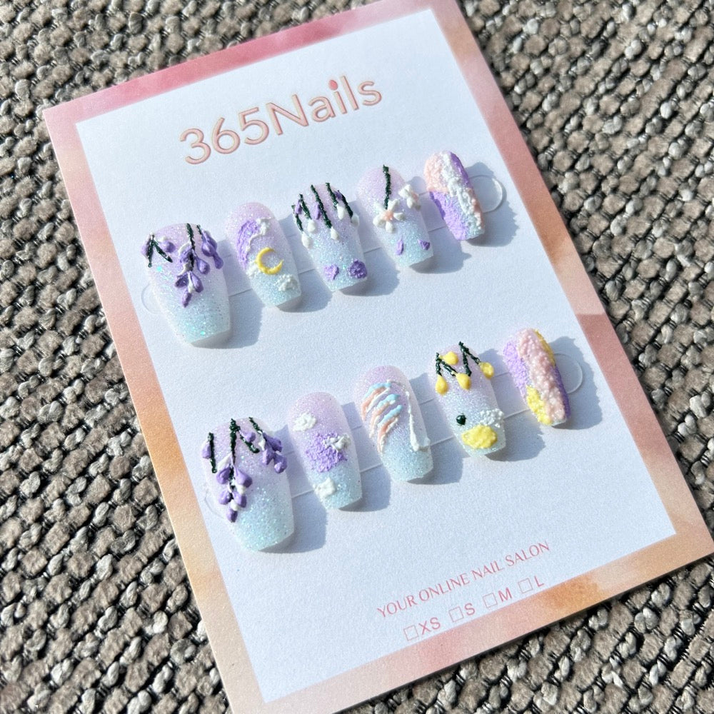 Sweet & Dopamine: "Lavender Wisteria Dream" – Sugar Glitter White Base, 3D Hanging Wisteria, Moon & Cloud Press-on Nails