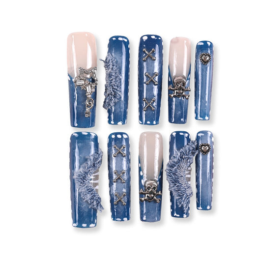 365Nails Denim Blue Long Coffin Press On Nails with Skull Charms and Fuzzy Fringe