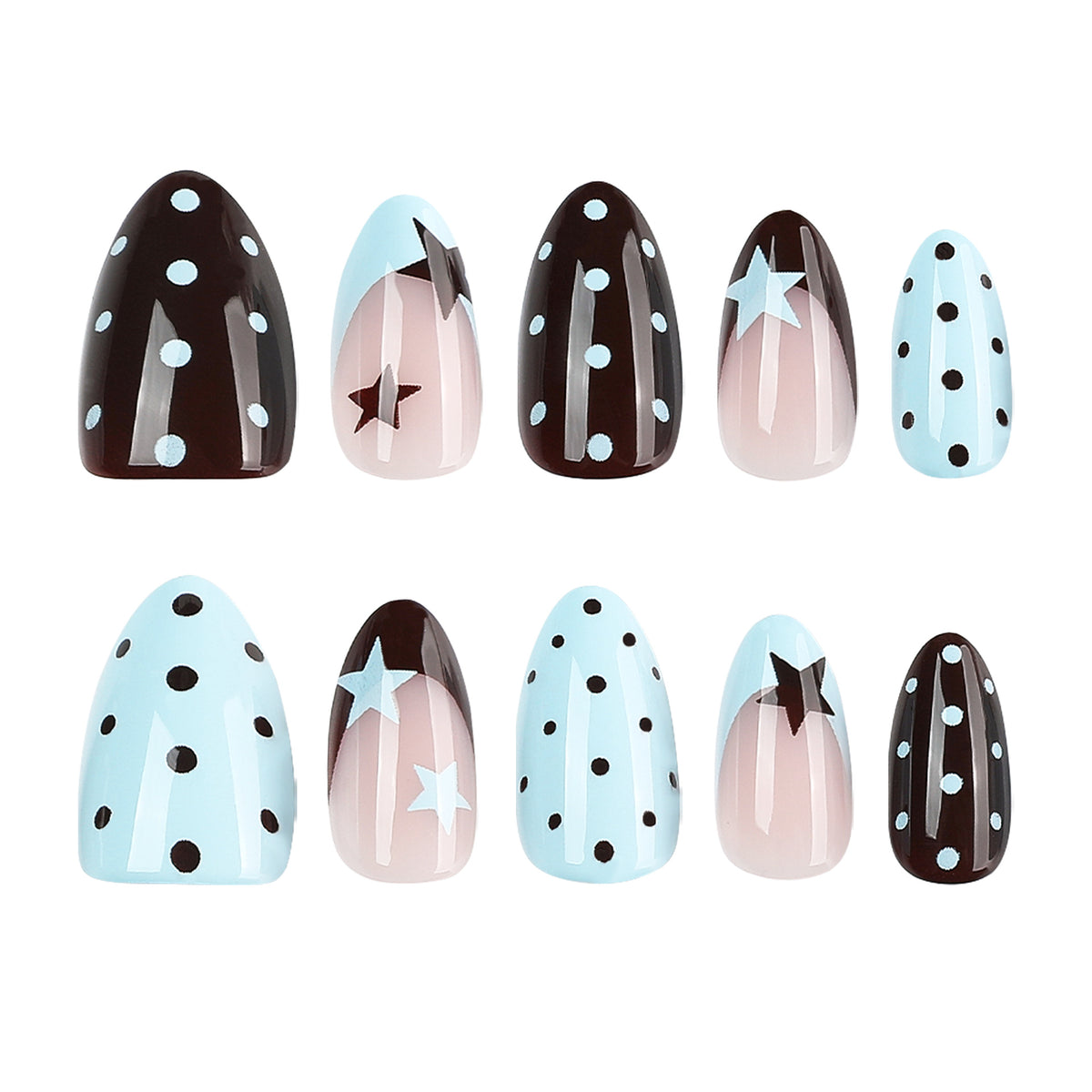 Arranged brown blue and nude press-on nails with star and polka dot patterns