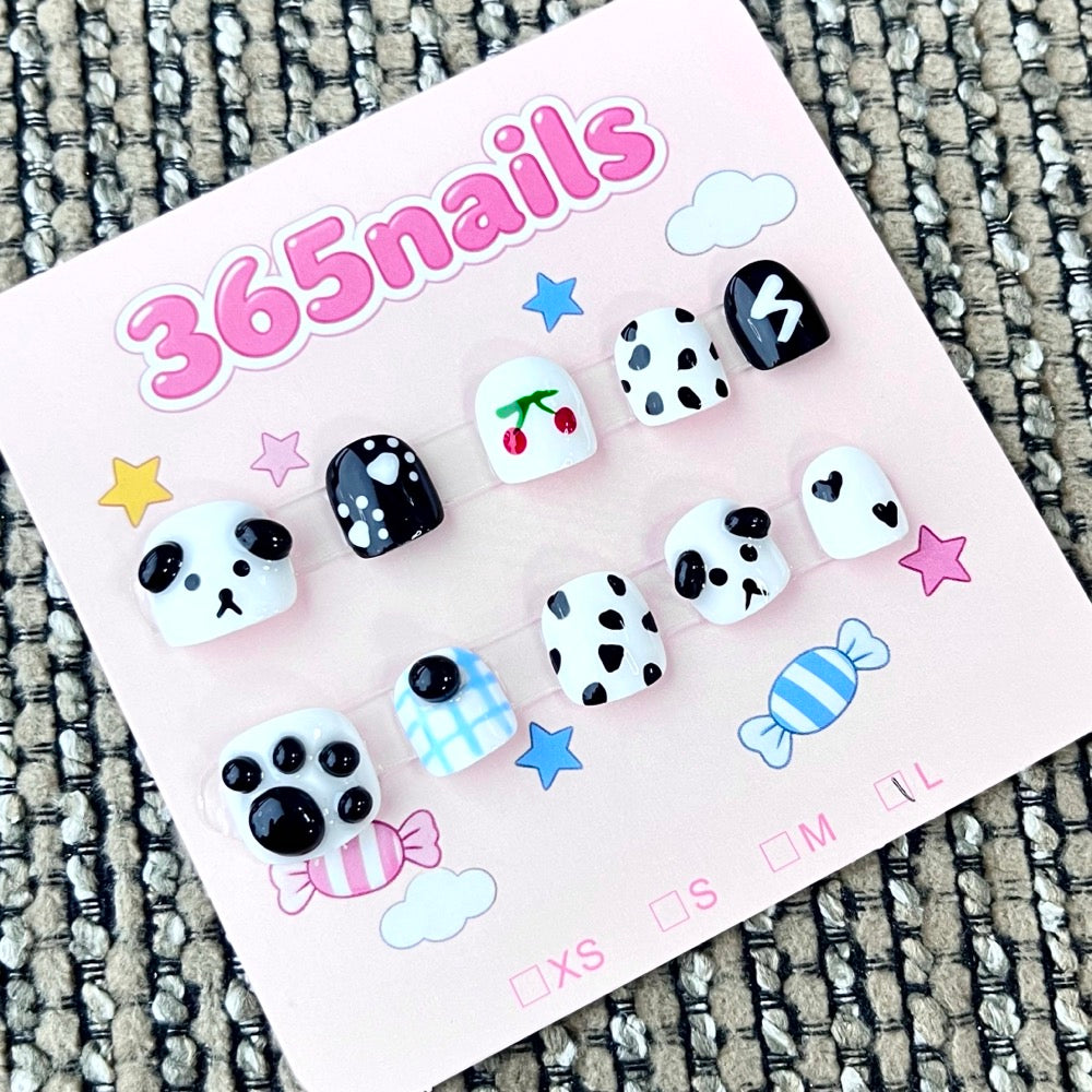 365nails: "Panda Playdate" – 3D Paw & Cherry Handmade Short Square Nails
