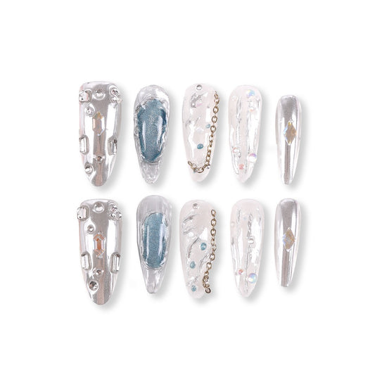 365Nails Crystal Jelly Long Stiletto Press On Nails in Silver with Chains and Gems