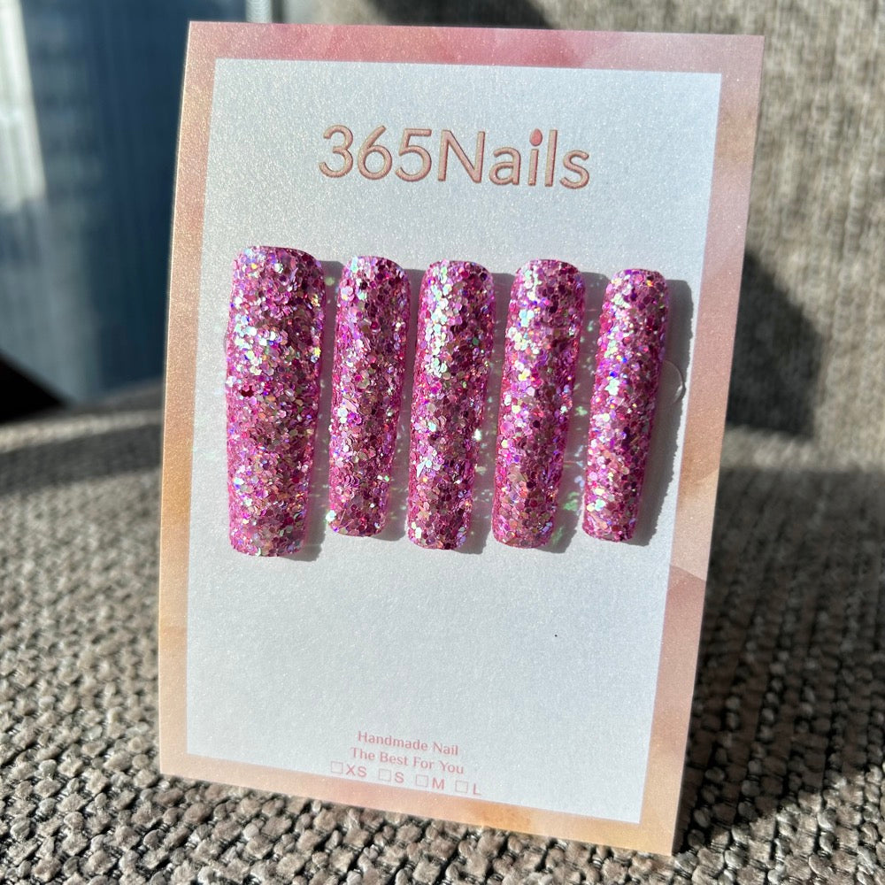 Strawberry Sparkle Press On Nails｜Peachy Pink Chunky Glitter Square | Starry Glitter · Sparkling Series