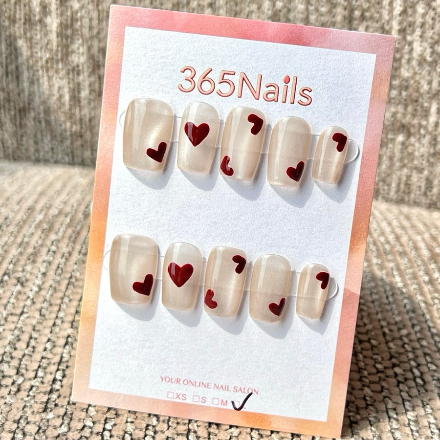 365nails: “Cherry Heart Shimmer” – Handmade Square Press-On Nails
