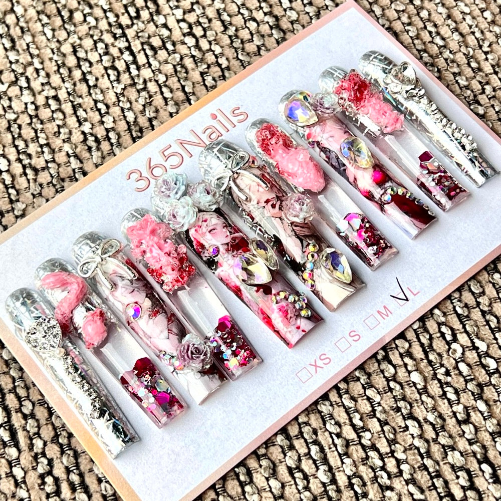 365nails: "Holographic Rose Maiden" – Handmade Floral Liquid Motion Press-On Long Pipe Nails-5.5cm