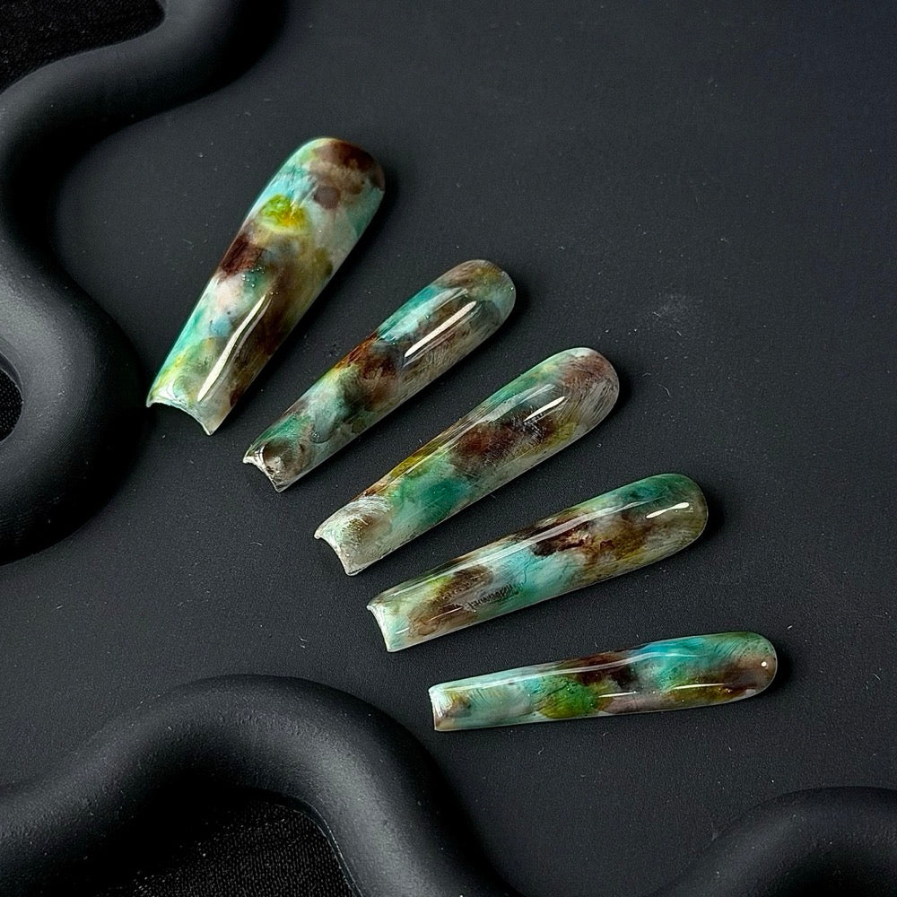Short Coffin Green Brown Swirl Jelly Press-On Nails