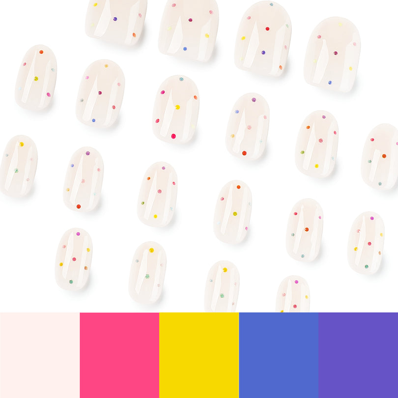 Many press-on nails with colorful polka dots shown above a multicolor swatch bar.