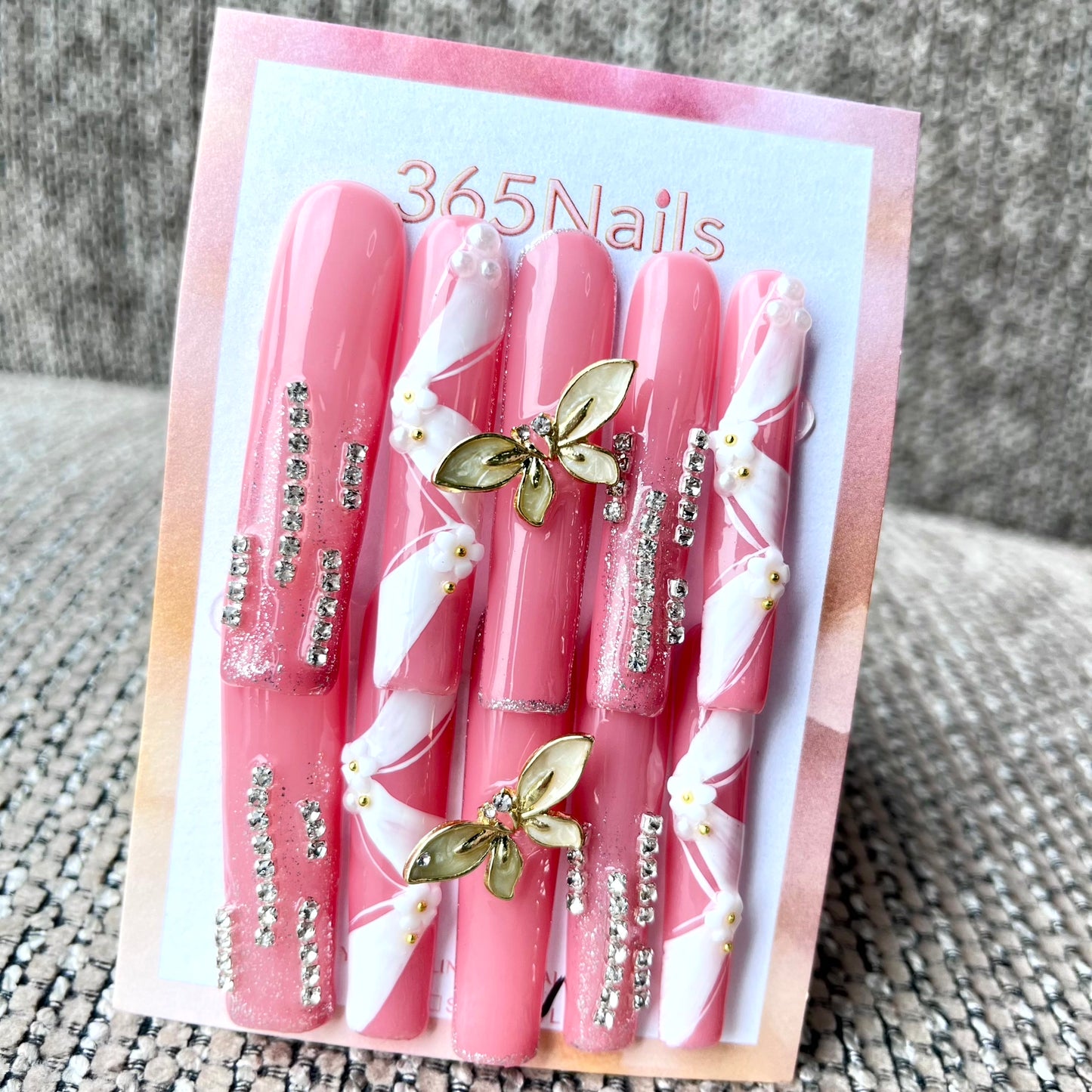 365nails: "Pink White Butterfly Long" – Handmade Long Trapezoid Press-On Nails
