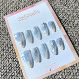 Ethereal Ink: "Azure Frost" – Baby Blue Gradient & Cloud Marble with Silver Lines & Glitter Almond Nails