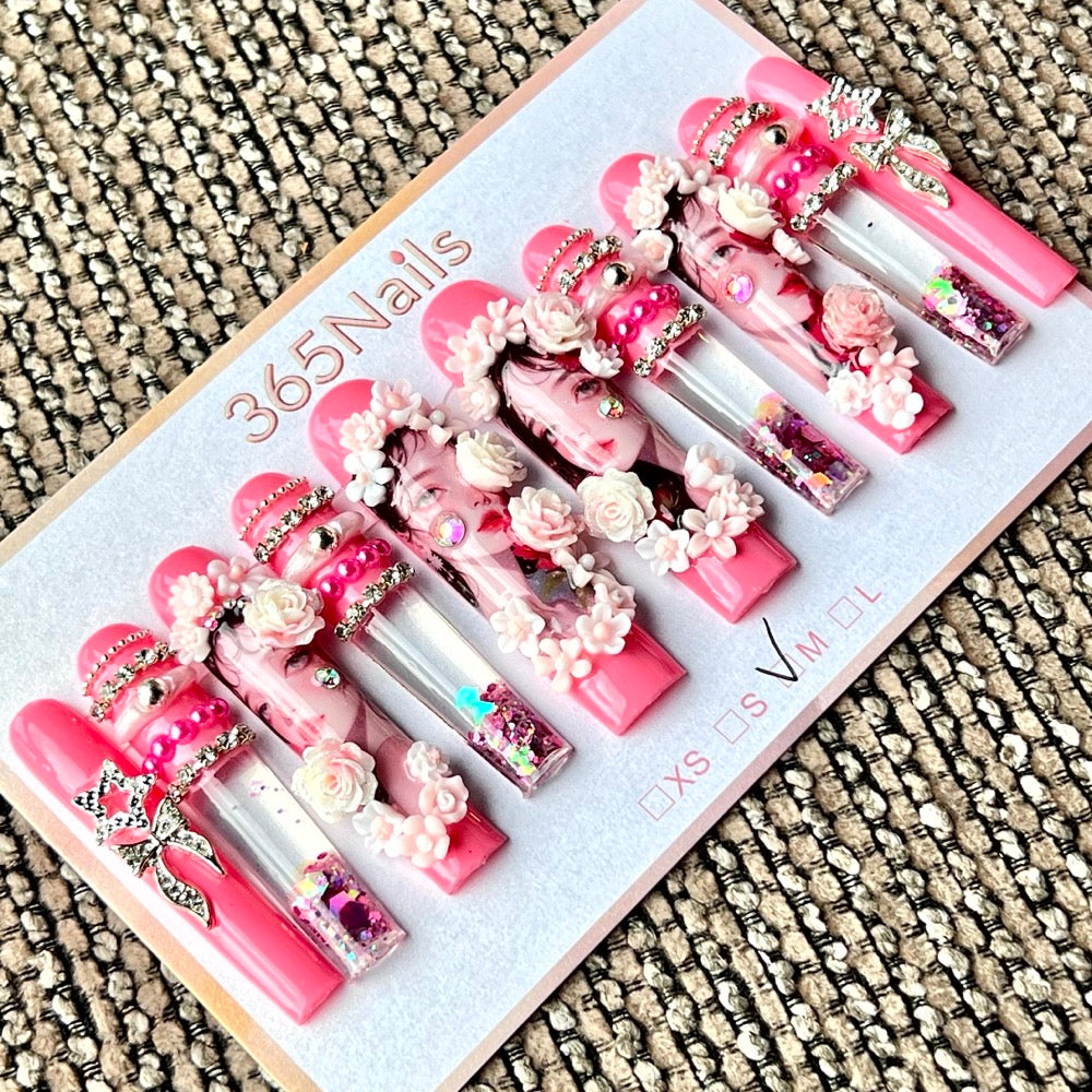 365nails: "Coral Floral Princess" – Handmade Liquid Motion Press-On Long Pipe Nails-5.5cm
