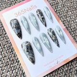 Femme Fatale: "Viper Saint" – Grey Cat Eye with White Lace, Animal Print & Gothic Cross Long Stiletto Nails