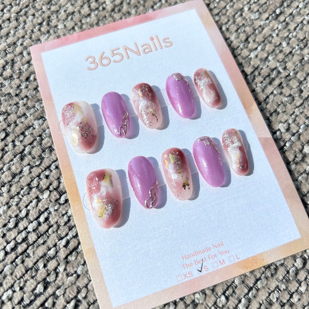 Ethereal Ink: "Violet Haze" – Lilac Cat Eye & Rust-Red Marble with Gold Foil & Silver Chain Oval Nails