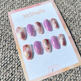 Ethereal Ink: "Violet Haze" – Lilac Cat Eye & Rust-Red Marble with Gold Foil & Silver Chain Oval Nails