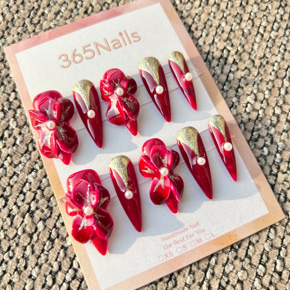 Sculpted Flora: "Gilded Cherry Blossom" – 3D Wine Red Flowers with Gold Glitter & Pearl Accents on Stiletto Nails