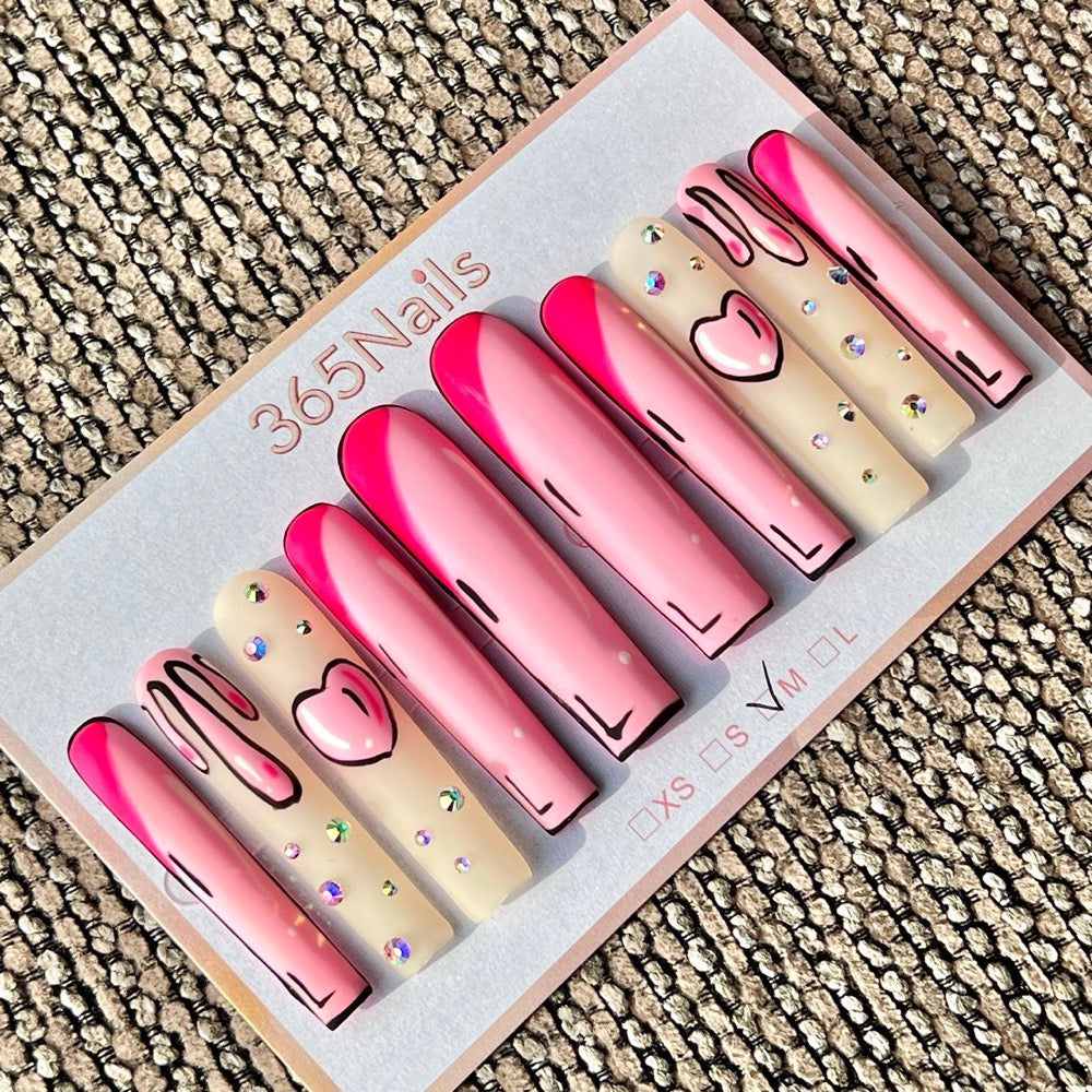365nails: "Pink Cartoon Heart Drip" – Handmade Long Trapezoid Press-On Nails