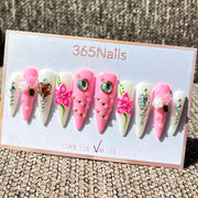 365nails: "Blooming Opulence" – 3D Floral & Jewel Handmade Stiletto Nails