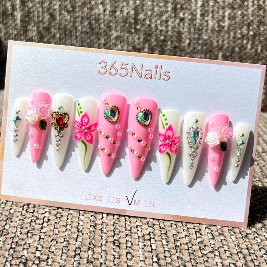 365nails: "Blooming Opulence" – 3D Floral & Jewel Handmade Stiletto Nails