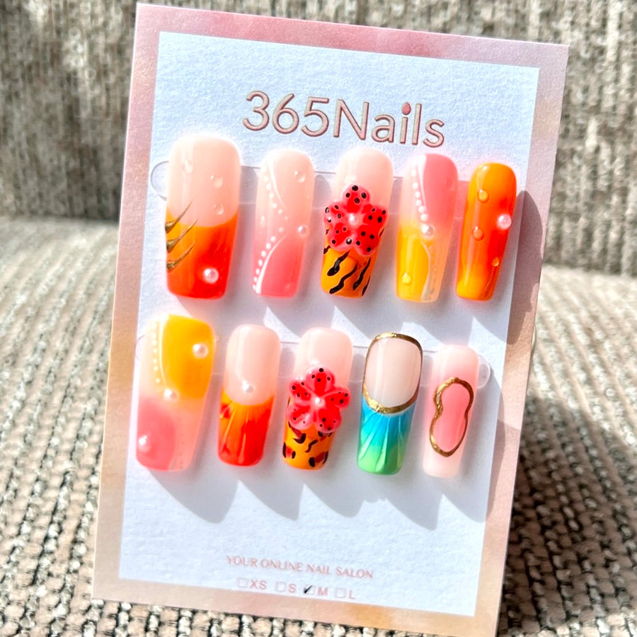 365nails: "Sunset Tropical Bloom" – Handmade Medium Square Press-On Nails