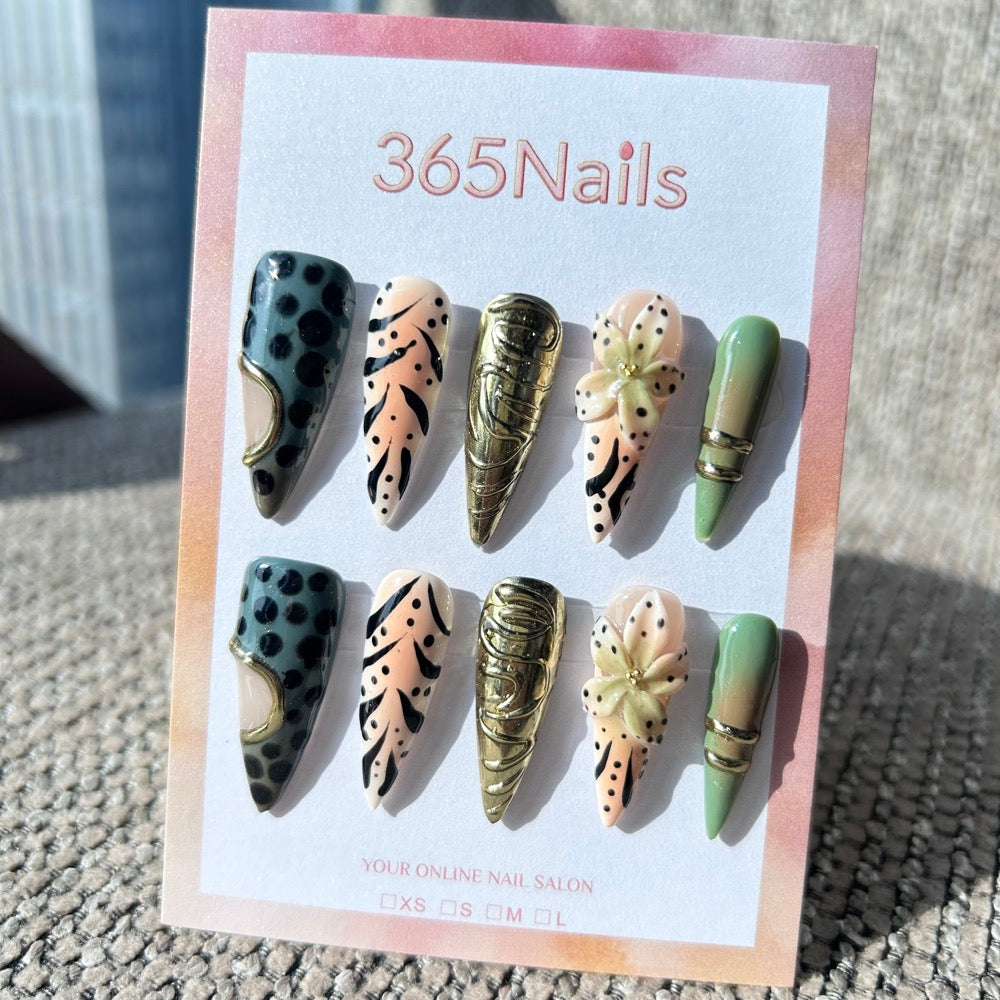 Sculpted Flora: "Tribal Jungle Safari" – 3D Flower & Animal Print with Antique Gold Chrome Stiletto Nails